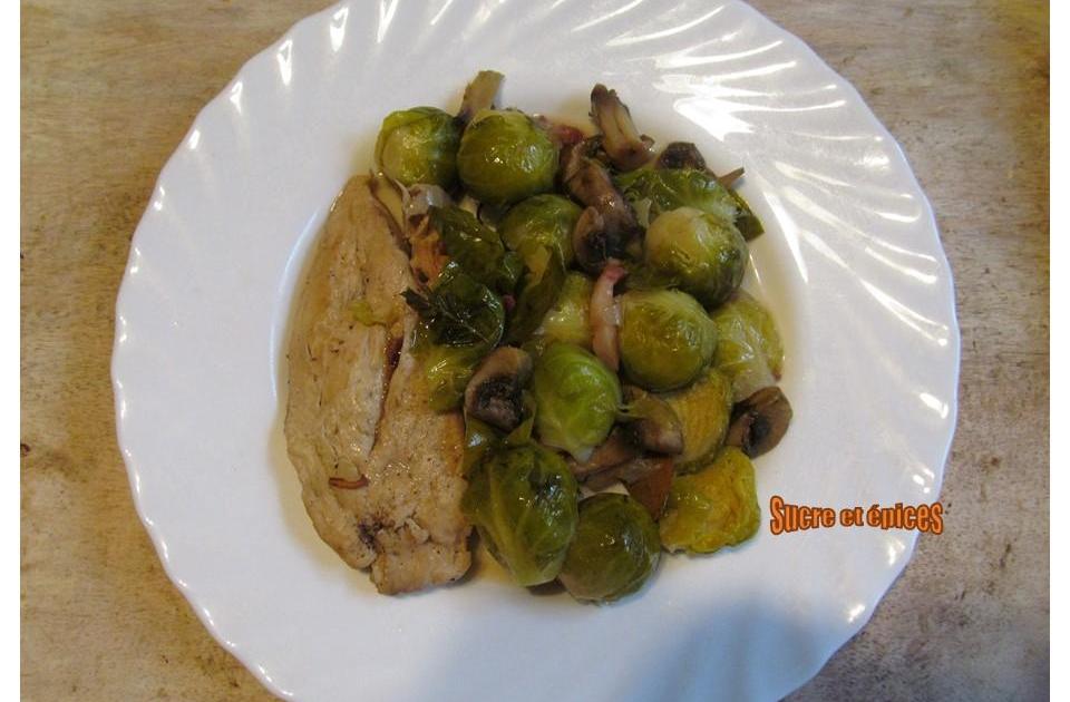 Escalopes de dinde aux champignons et choux de Bruxelles