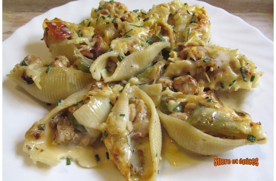 Gratin de conchiglionis au poulet, poivron et cancoillotte