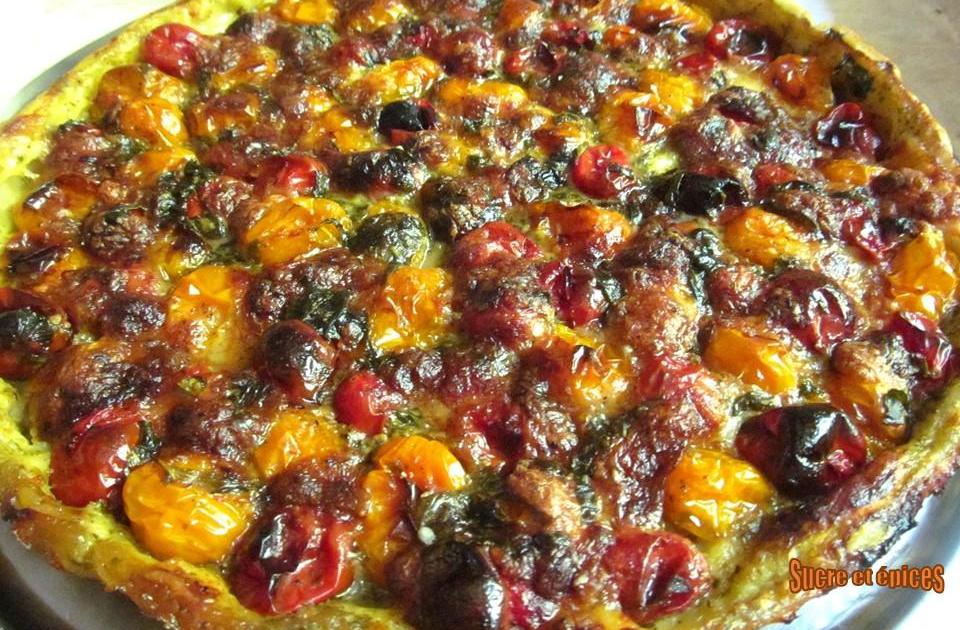 Tarte aux tomates cerises, pesto, mozzarella et basilic