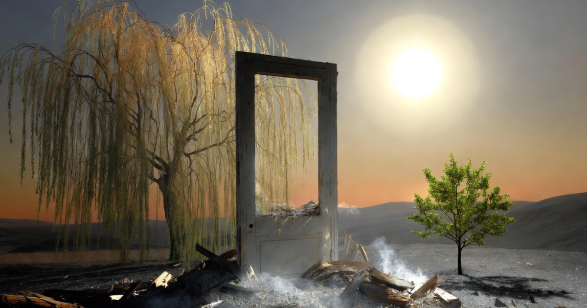 Une porte en bois usée qui s’ouvre sur un ciel qui n’existe pas encore.