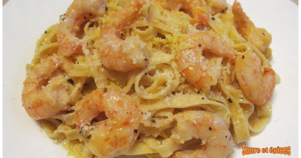 Tagliatelles aux crevettes, sauce crémeuse au Saint Marcelin