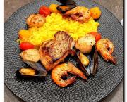 Cabillaud, risotto safrané et fruits de Mer