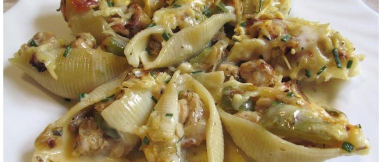 Gratin de conchiglionis au poulet, poivron et cancoillotte