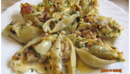 Gratin de conchiglionis au poulet, poivron et cancoillotte