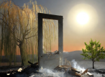 Une porte en bois usée qui s’ouvre sur un ciel qui n’existe pas encore.