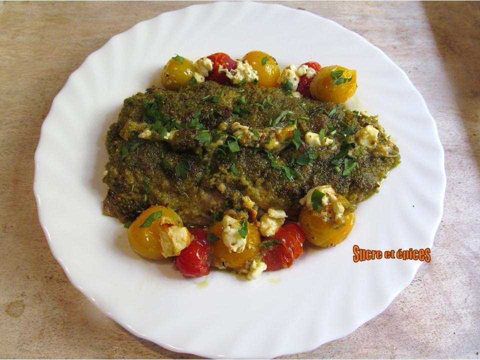 Maquereaux en croûte de pesto aux tomates cerises