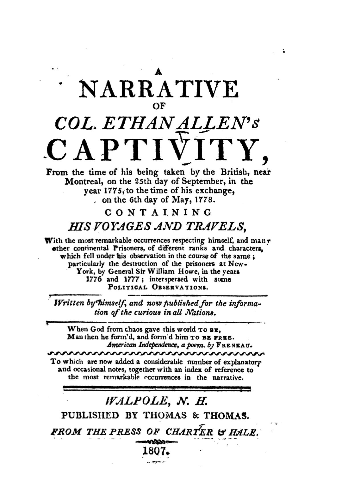 A Narrative of Colonel Ethan Allen's Captivity