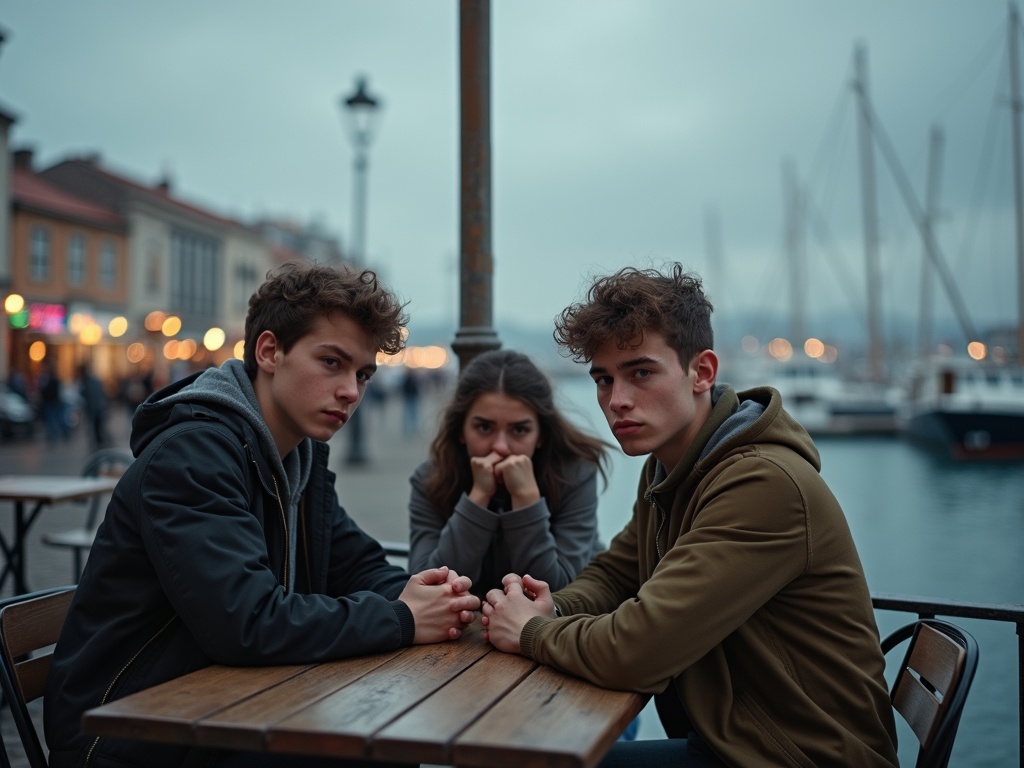 trois jeunes attablés sur une table, ils sont très soucieux.