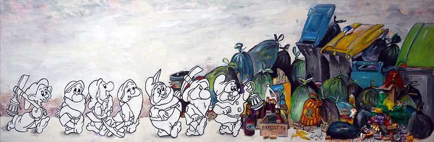 Tri sélectif Acrylique sur toile - 100 x 300 Parodie des 7 nains crées par Walt Disney 7500 euros