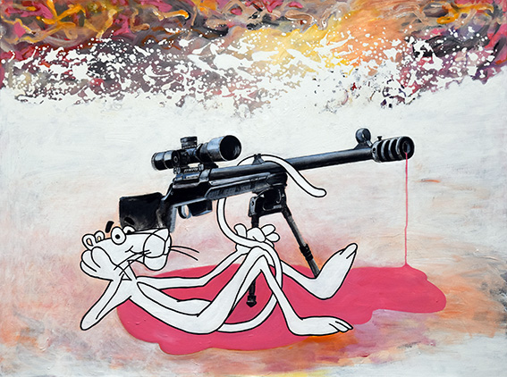 Pour tuer le temps  Acrylique sur toile froissée - 97 x 130  Parodie de la Panthère rose crée par Friz Freleng