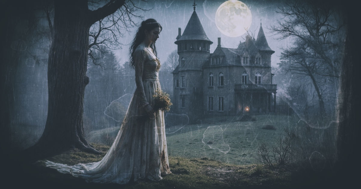 Une nuit de pleine lune, un fantôme de jeune mariée marche près d'un château en lisière de forêt. Sa robe est pleine de terre et elle porte avec tristesse un bouquet de fleurs fannées.