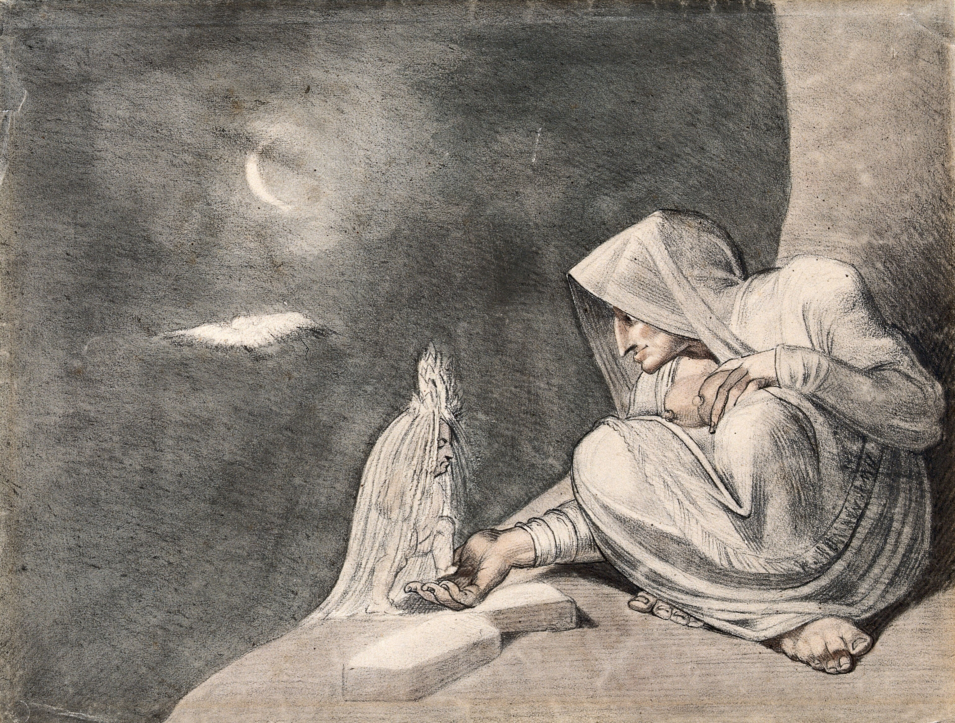 CC0 License_A witch in the moonlight, opening her hand to a mandrake plant dressed in a white veil. Drawing by or after H. Fuseli.