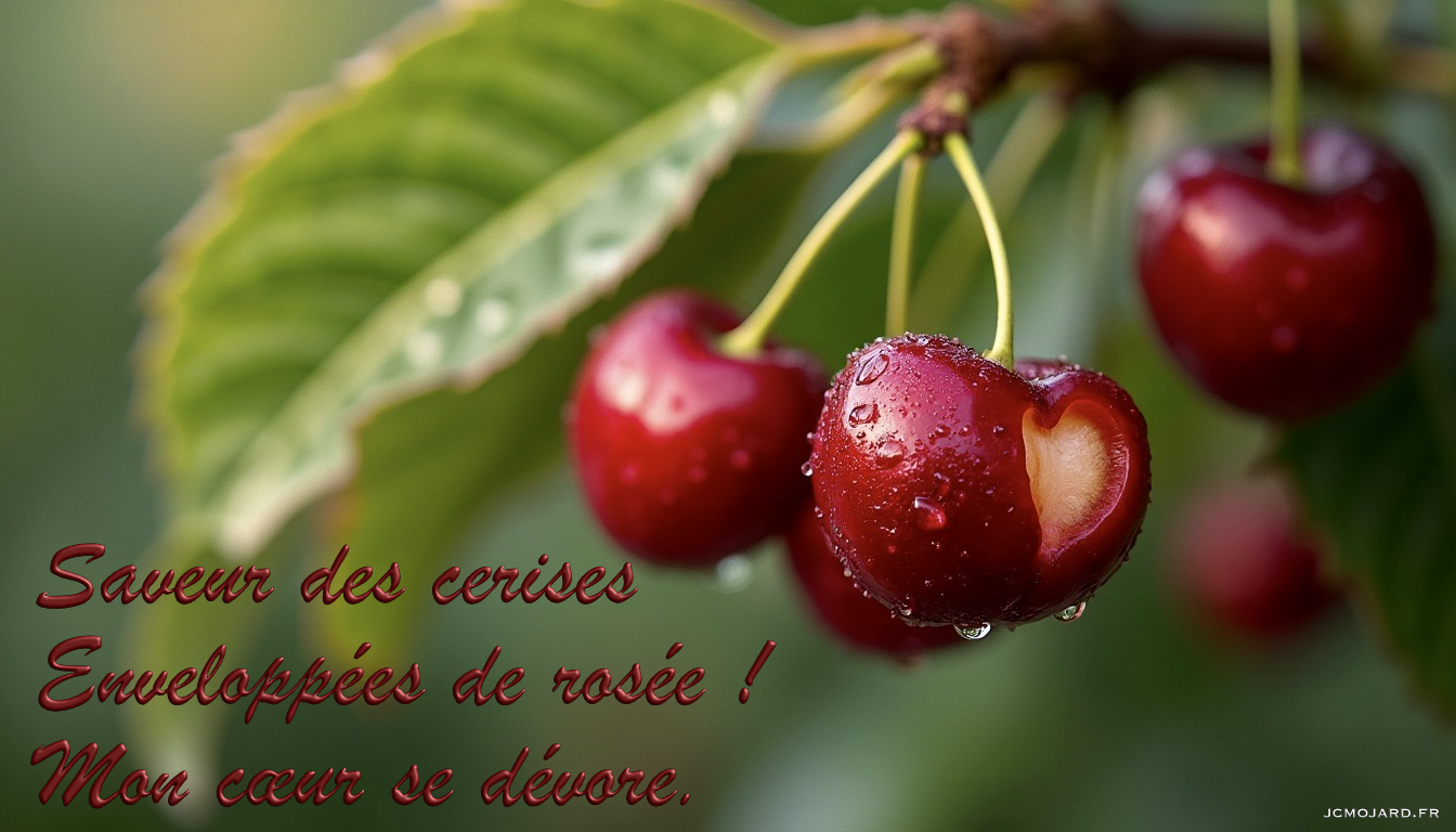 Gros plan sur des cerises couvertes de rosée, l'une d'elle est un peu mangée et la morsure est un coeur.