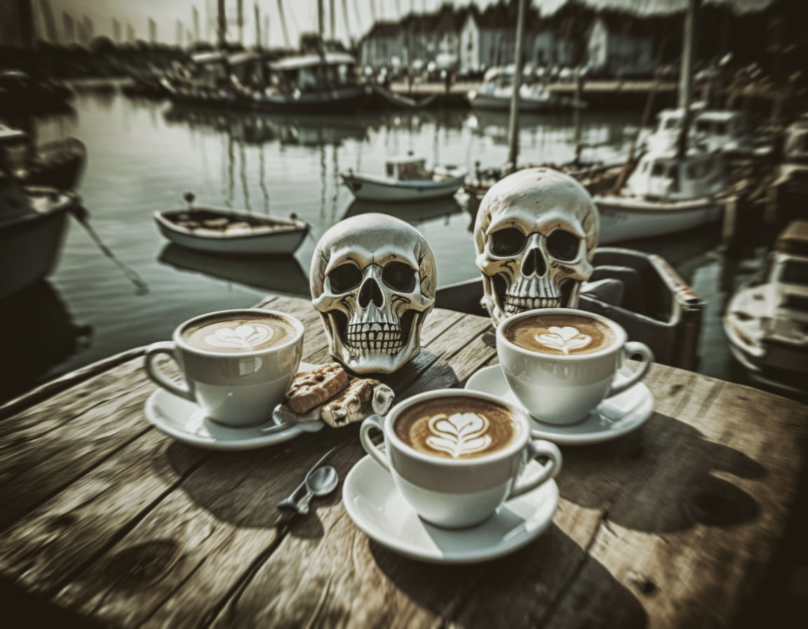 Outside on the morning. Three cups of coffee, on a table of coffee shop, with a skull drawing with milk. In the background there are boats.